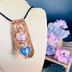 Shimmer Glass Hearts on Copper Base w/Silver Wire Accents on a Black Silk Cord